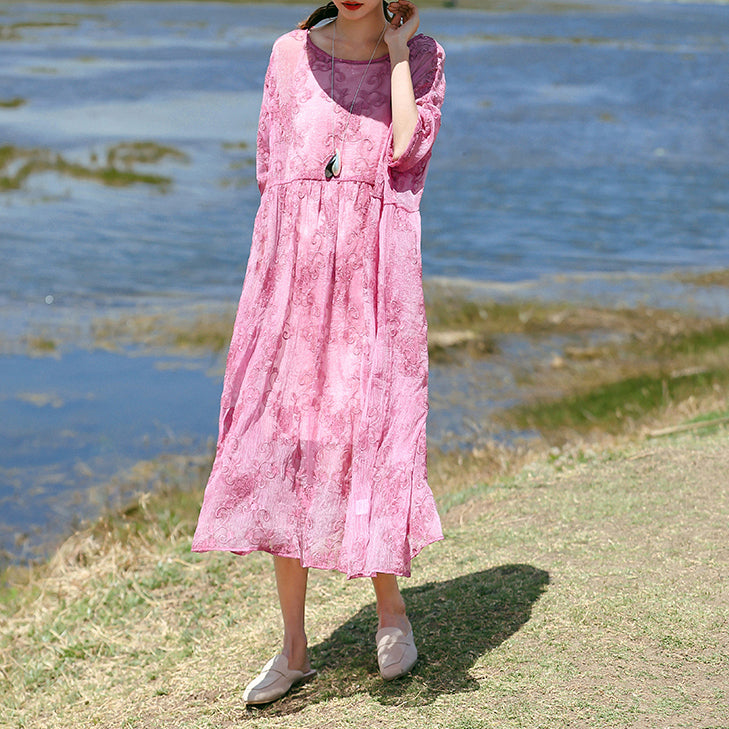 Fine Pink Silk Caftans O Neck Silk Clothing Dress Three Quarter Sleeve Baggy Dresses