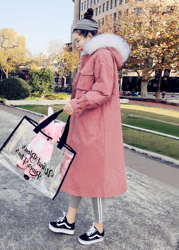 Fine Pink Warm Winter Coat Parka Hooded Flare Sleeve Overcoat