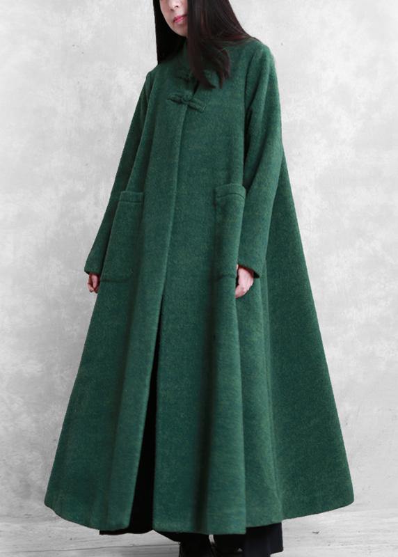 Fine Coats Coat Green Stand Collar Pockets Woolen Coats