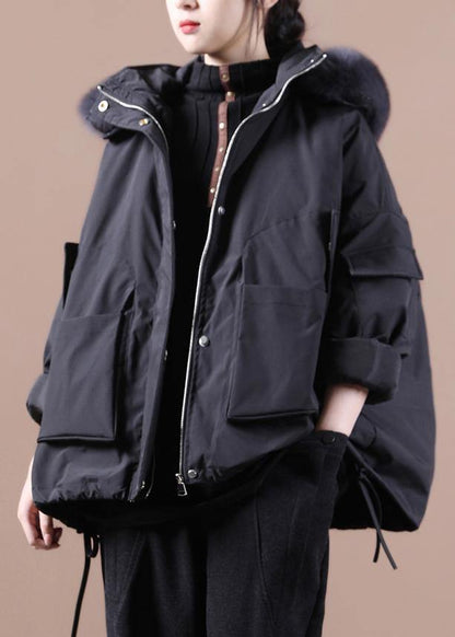 Fine Down Jacket Overcoat Black Hooded Fur Collar Goose Down Coat