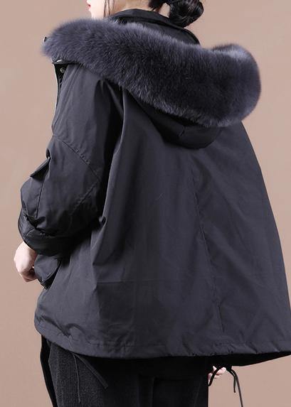 Fine Down Jacket Overcoat Black Hooded Fur Collar Goose Down Coat