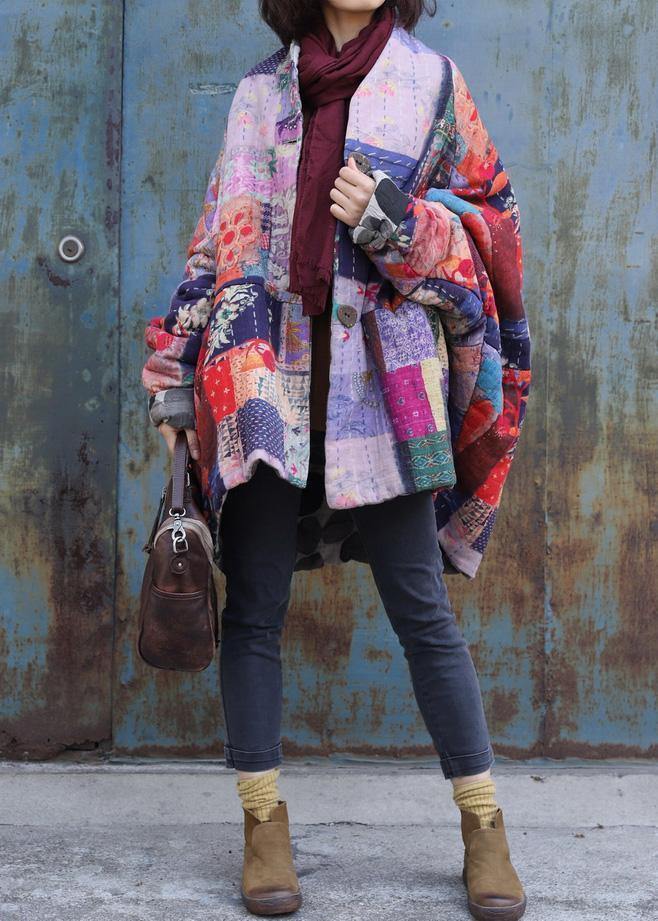 Fine Snow Jackets Prints Overcoat Patchwork Color V Neck Coats