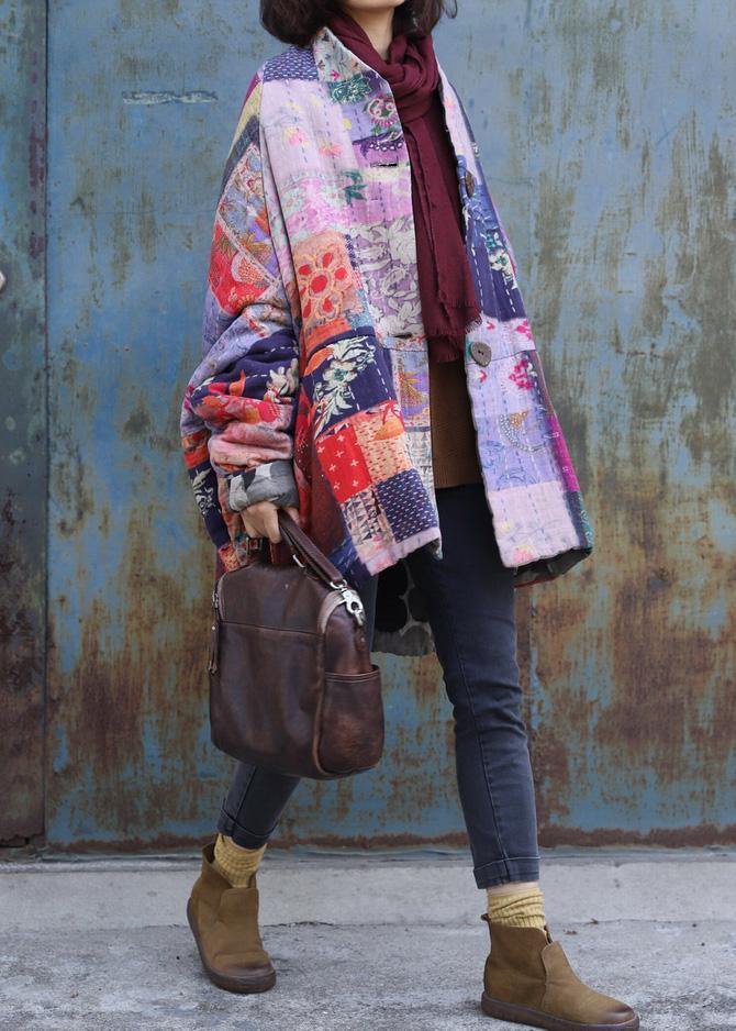 Fine Snow Jackets Prints Overcoat Patchwork Color V Neck Coats