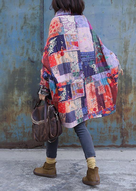 Fine Snow Jackets Prints Overcoat Patchwork Color V Neck Coats
