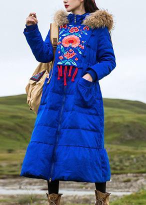 Fine Parka Embroidery Overcoat Blue Hooded Goose Down Coat