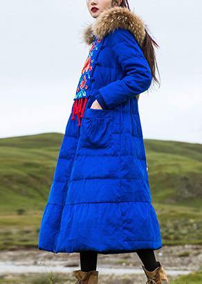 Fine Parka Embroidery Overcoat Blue Hooded Goose Down Coat