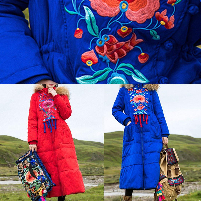 Fine Parka Embroidery Overcoat Blue Hooded Goose Down Coat