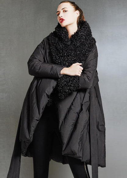 Fine Parka Tie Waist Coats Black Fur Collar Goose Down Coat