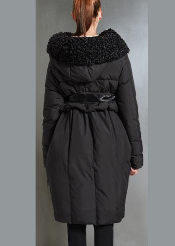 Fine Parka Tie Waist Coats Black Fur Collar Goose Down Coat