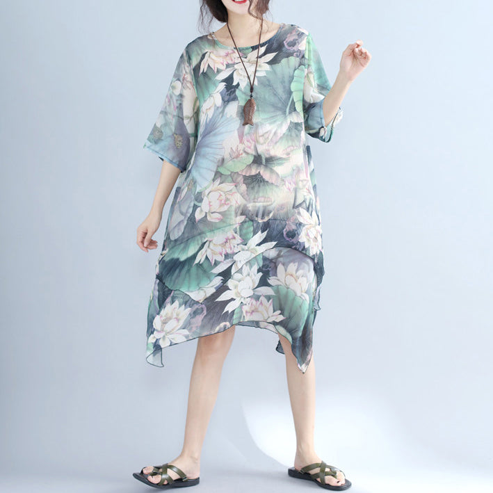 Fine Prints Chiffon Dress Plussize Chiffon Maxi Dress Boutique Half Sleeve Asymmetric Hem Clothing Dress