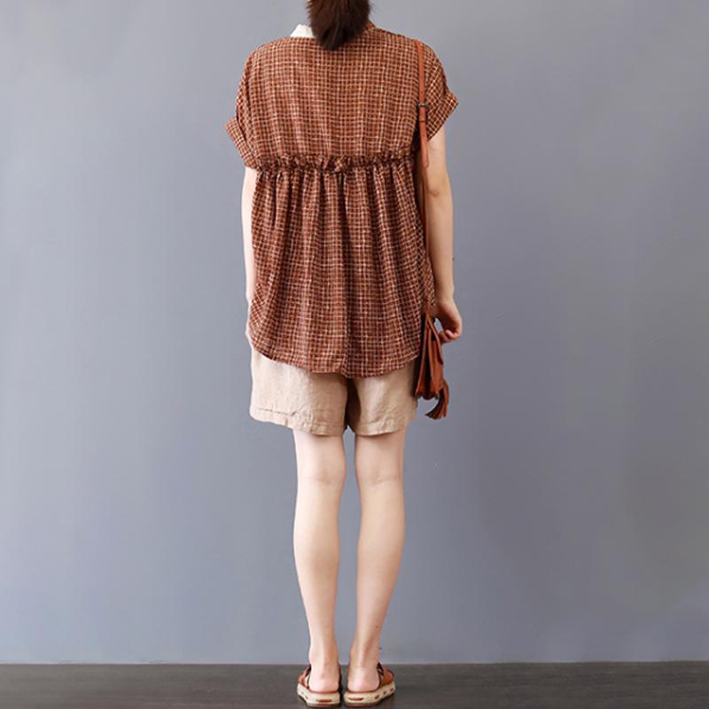 Fine Pure Cotton Blouse Loose Plaid Short Sleeve Lacing Summer Pleated Blouse
