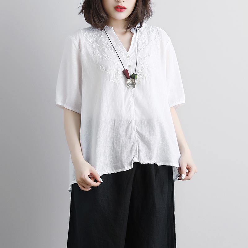 Fine Pure Linen Blouse Retro Short Sleeve Embroidery High-low Hem Tops