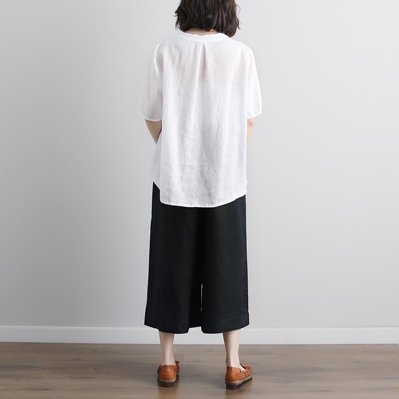 Fine Pure Linen Blouse Retro Short Sleeve Embroidery High-low Hem Tops