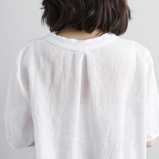 Fine Pure Linen Blouse Retro Short Sleeve Embroidery High-low Hem Tops