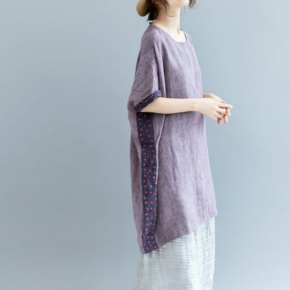 Fine Purple Pure Linen Tops Loose Fitting Cardigans Boutique Batwing Sleeve O Neck Patchwork Cotton Clothing