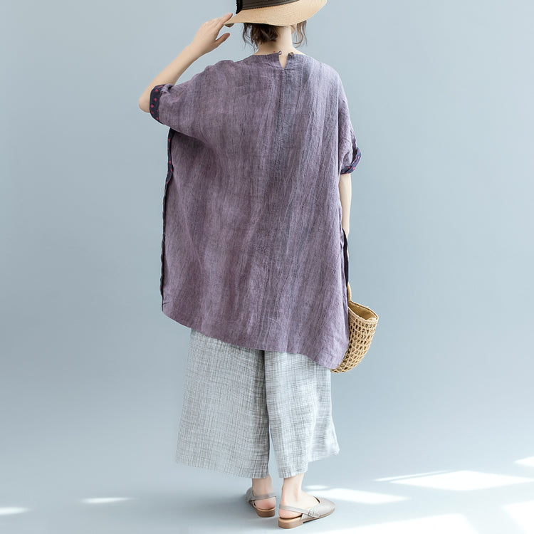 Fine Purple Pure Linen Tops Loose Fitting Cardigans Boutique Batwing Sleeve O Neck Patchwork Cotton Clothing