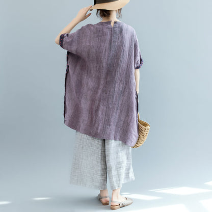 Fine Purple Pure Linen Tops Loose Fitting Cardigans Boutique Batwing Sleeve O Neck Patchwork Cotton Clothing