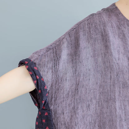 Fine Purple Pure Linen Tops Loose Fitting Cardigans Boutique Batwing Sleeve O Neck Patchwork Cotton Clothing