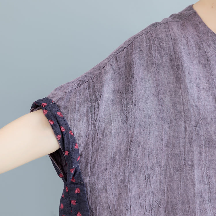 Fine Purple Pure Linen Tops Loose Fitting Cardigans Boutique Batwing Sleeve O Neck Patchwork Cotton Clothing