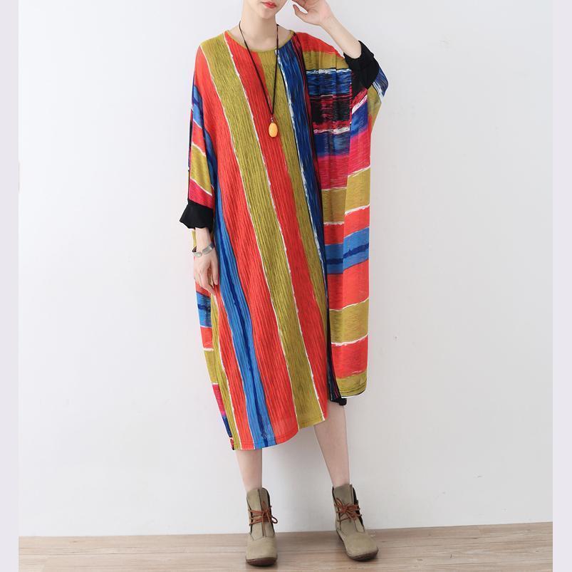 Fine Rainbow Natural Linen Dress Oversize Striped Traveling Dress Asymmetrical Kaftans