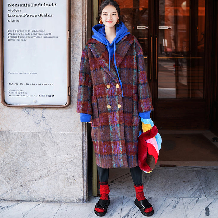 Fine Red Blue Plaid Coats Notched Trench Coat New Double Breasted Wool Coat