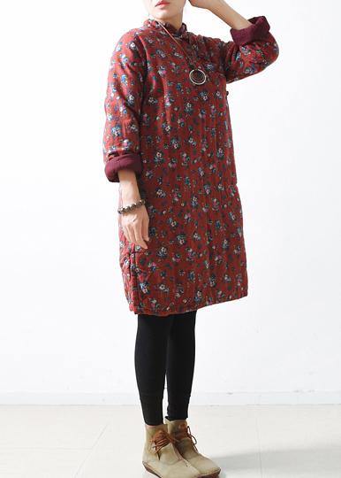 Fine Red Outfit Oversize Winter Jacket Stand Collar Side Open Coats