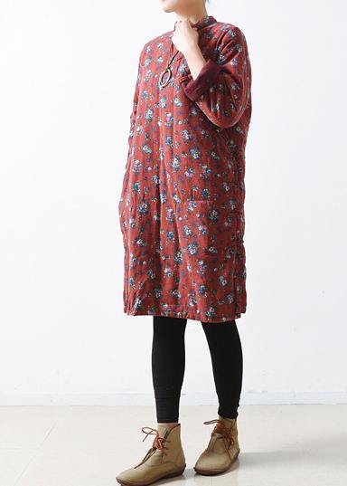 Fine Red Outfit Oversize Winter Jacket Stand Collar Side Open Coats