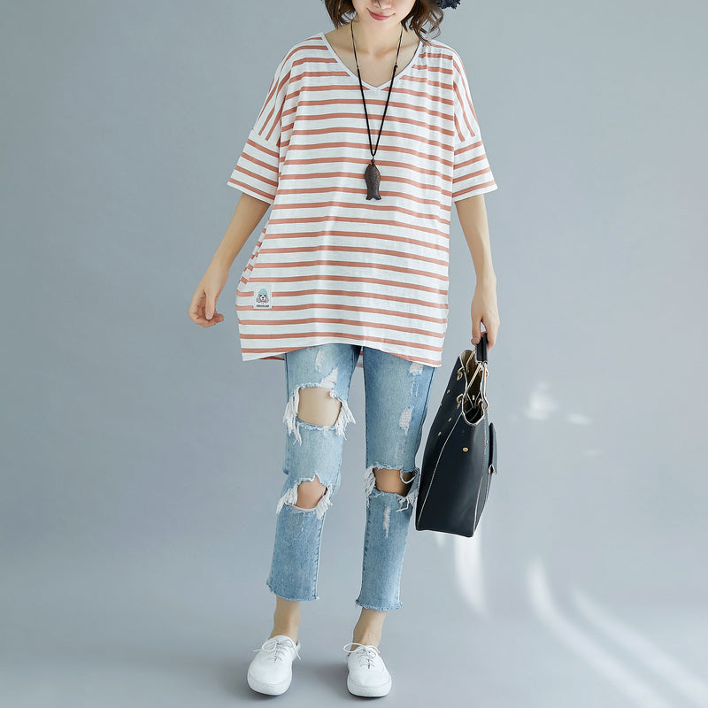 Fine Red Cotton Blouse Oversized Holiday Tops Fine Striped V Neck Cotton Tops