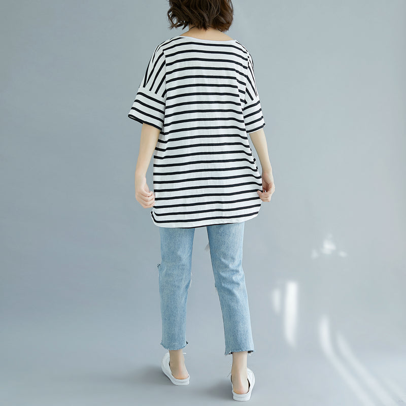 Fine Red Cotton Blouse Oversized Holiday Tops Fine Striped V Neck Cotton Tops