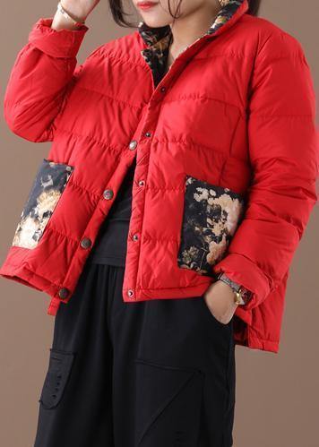 Fine Red Patchwork Print Warm Winter Coat Stand Collar Pockets Winter Outwear