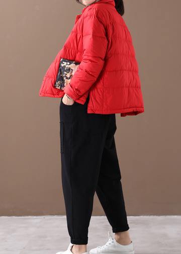 Fine Red Patchwork Print Warm Winter Coat Stand Collar Pockets Winter Outwear