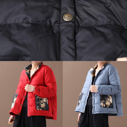 Fine Red Patchwork Print Warm Winter Coat Stand Collar Pockets Winter Outwear