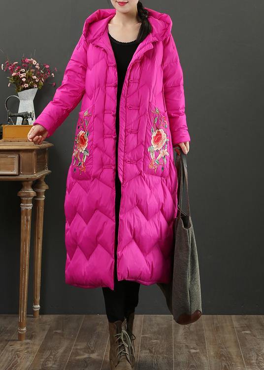 Fine Rose Embroidery Down Jacket Woman Snow Jackets Hooded Warm Overcoat