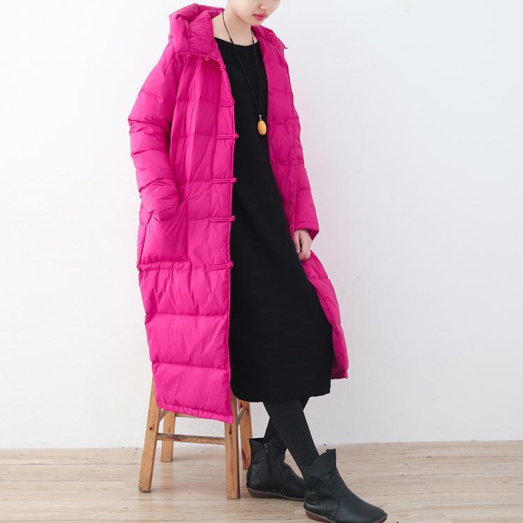 Fine Rose Red Puffers Jackets Loose Fitting Down Jacket New Hooded Winter Outwear Chinese Button