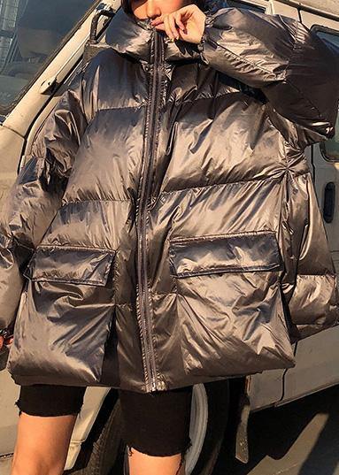 Fine Silver Gray Down Coat Winter Parka Hooded Zippered Fine Winter Outwear