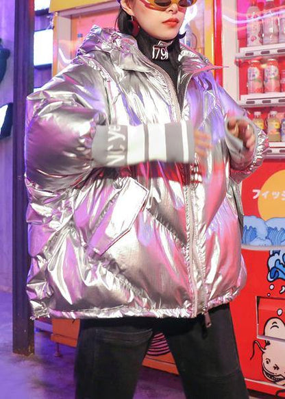 Fine Silver Gray Print Parka Oversize Down Jacket Hooded Zippered Overcoat