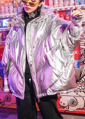 Fine Silver Gray Print Parka Oversize Down Jacket Hooded Zippered Overcoat