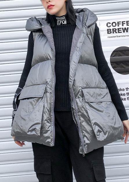 Fine Silver Gray Winter Outwear Clothing Snow Sleeveless Hooded Pockets Winter Outwear
