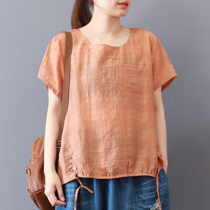 Fine Summer Cotton Blended Tops Short Sleeve Color High-low Hem Blouse
