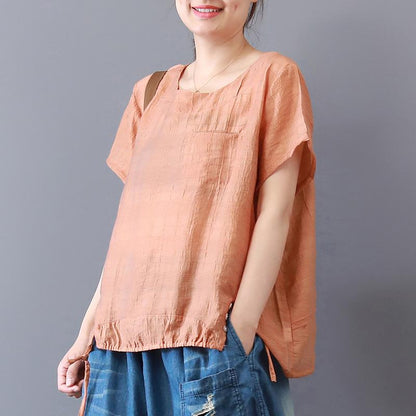 Fine Summer Cotton Blended Tops Short Sleeve Color High-low Hem Blouse