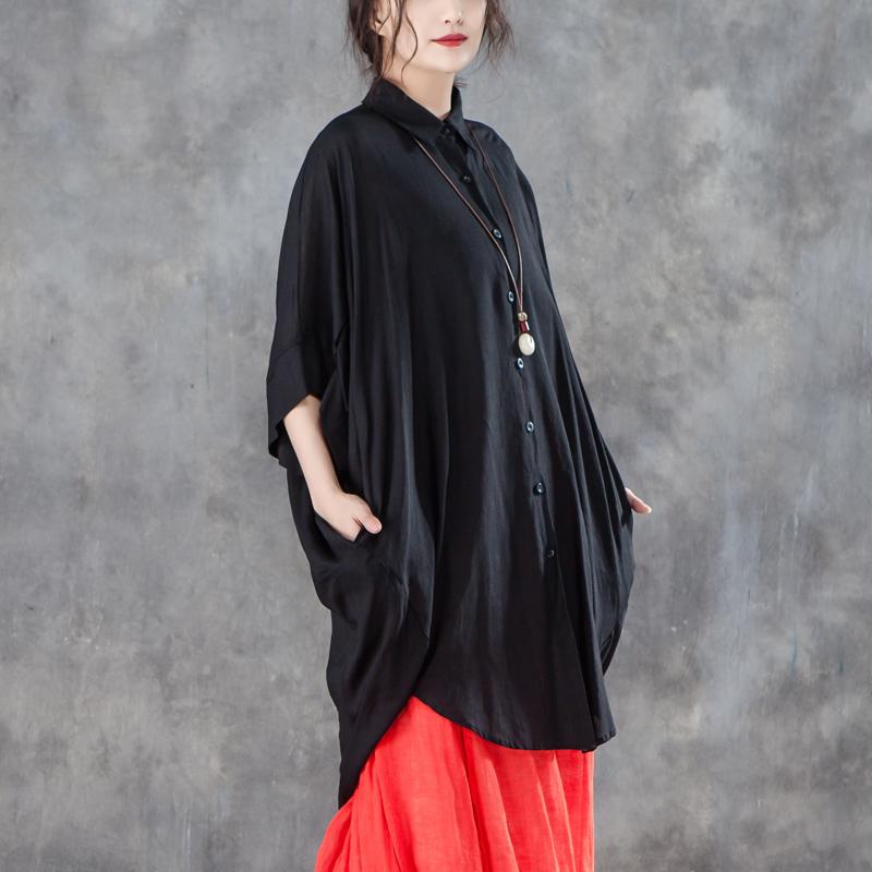 Fine Summer T Shirt Loose Fitting Loose Single Breasted Polo Collar Black Shirt