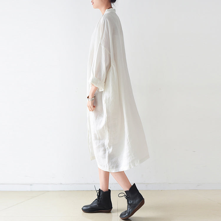 Fine White Ramine Linen Dresses Fall Linen Shirt Dress