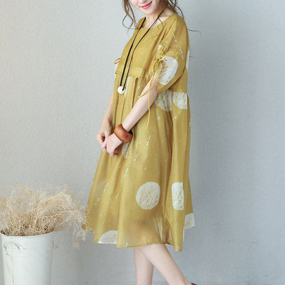 Fine Yellow Prints Chiffon Dresses Oversized High Waist Dress Drawstring Sleeve Dresses