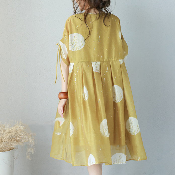 Fine Yellow Prints Chiffon Dresses Oversized High Waist Dress Drawstring Sleeve Dresses