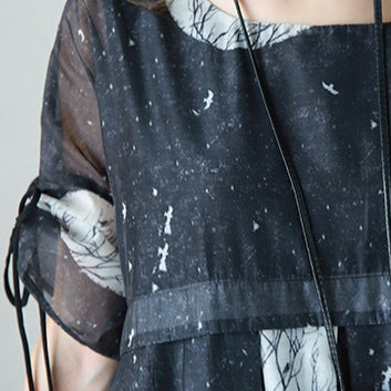Fine Yellow Prints Chiffon Dresses Oversized High Waist Dress Drawstring Sleeve Dresses