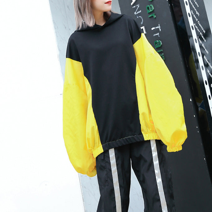 Fine Yellow Tops Oversize Hooded Patchwork Boutique Batwing Sleeve Baggy Tops