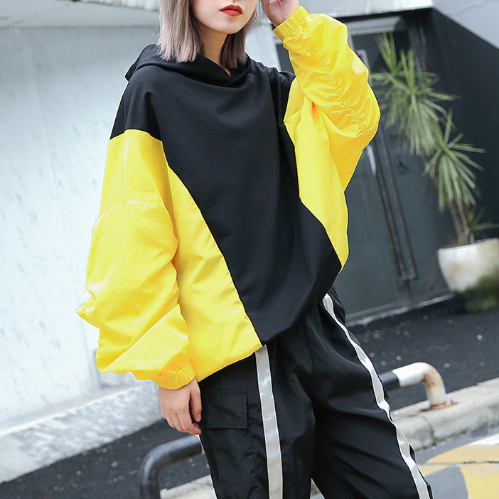 Fine Yellow Tops Oversize Hooded Patchwork Boutique Batwing Sleeve Baggy Tops