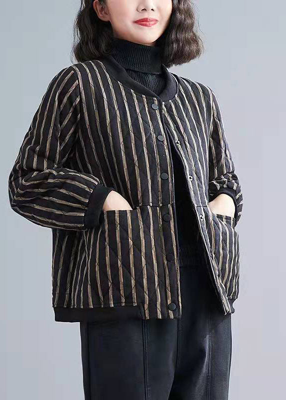 Fine Striped Zippered Pockets Winter Cotton Coats Long Sleeve