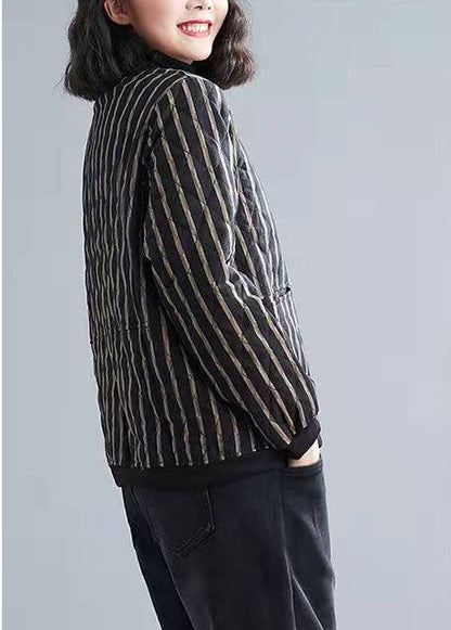 Fine Striped Zippered Pockets Winter Cotton Coats Long Sleeve