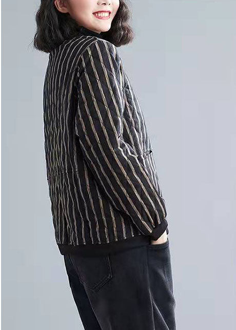 Fine Striped Zippered Pockets Winter Cotton Coats Long Sleeve